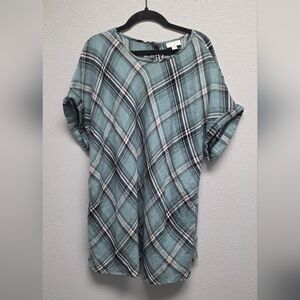 J. Jill Mint Green Plaid Roll-Sleeve Blouse